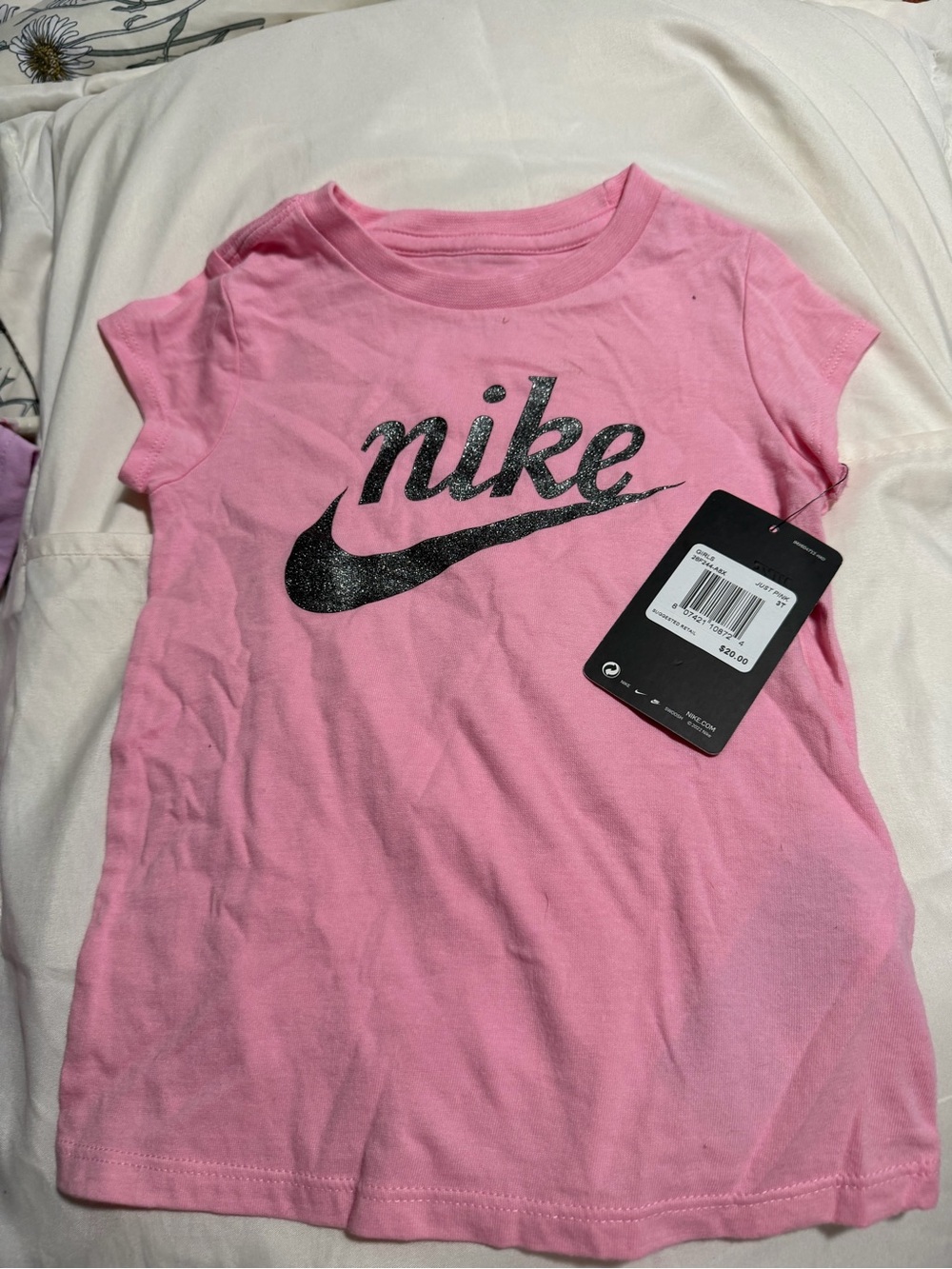 Nike Pink Girls' Short Sleeve Tee with Black Glitter Logo